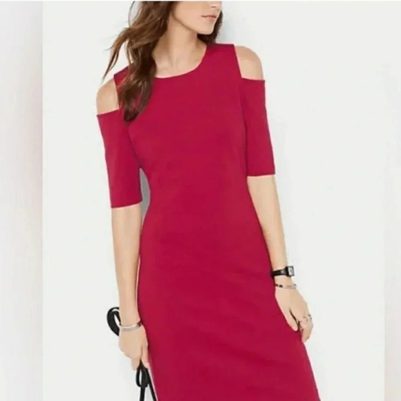 $175 Michael Kors Red Cold Shoulder Cut-out Ribbed Stretch Fitted Dress MIDI XS - Picture 1 of 6